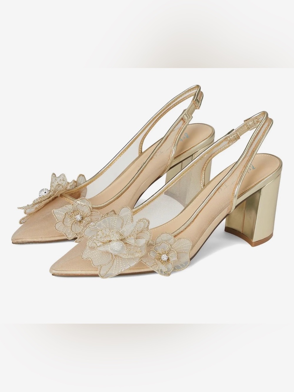 Blue by Betsey Johnson Petra Mesh SlingBack Heels, Metallic Gold, Women’s Size 8